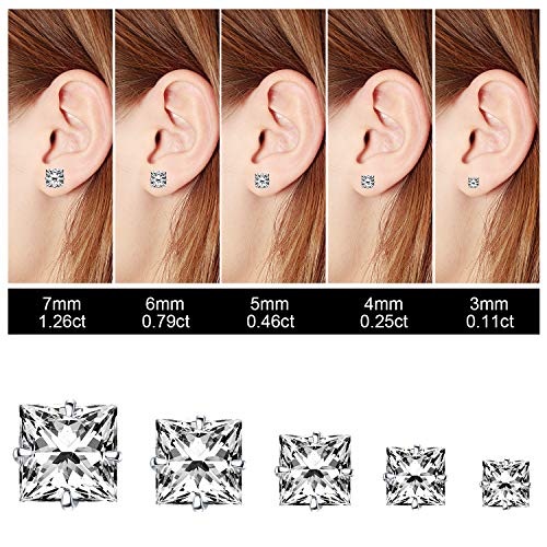 Princess Cut Clear Cubic Zirconia Stud Earrings for Women Men Square Earrings Studs Hypoallergenic Surgical Steel Helix Screw Back Earrings 18G 5 Pairs 3-7mm - color: Silver-A