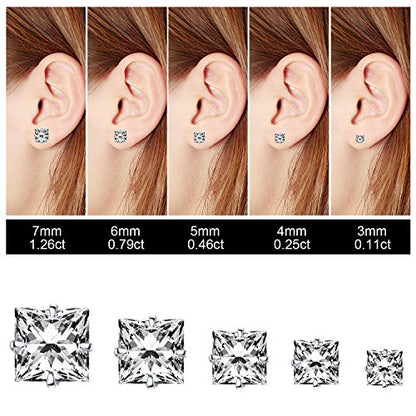 Princess Cut Clear Cubic Zirconia Stud Earrings for Women Men Square Earrings Studs Hypoallergenic Surgical Steel Helix Screw Back Earrings 18G 5 Pairs 3-7mm - color: Silver-A
