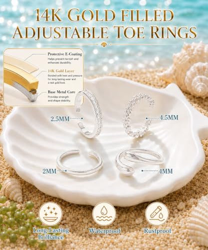 4Pcs Toe Rings for Women Non Tarnish 14K Gold Filled Toe Ring Adjustable Flower CZ Band Wave Dainty Toe Ring Summer Beach Open Toe Rings Set Waterproof Toe Jewelry Foot Jewelry - color: Silver toe rings flower