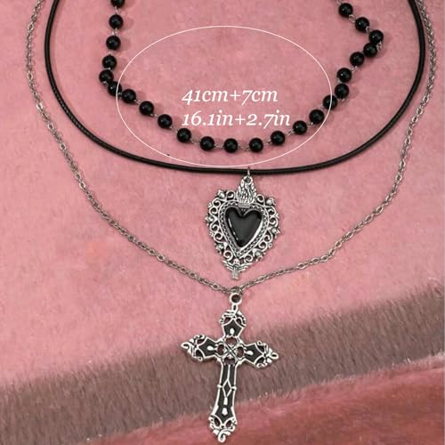 Gothic Necklaces for Women Cross Heart Pendant Layered Necklace Statement Jewelry Dark Romantic Gift for Halloween Parties - color: A:black