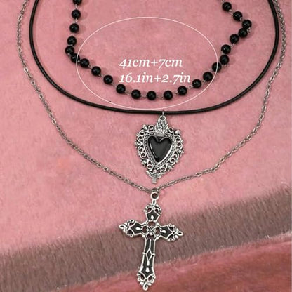 Gothic Necklaces for Women Cross Heart Pendant Layered Necklace Statement Jewelry Dark Romantic Gift for Halloween Parties - color: A:black