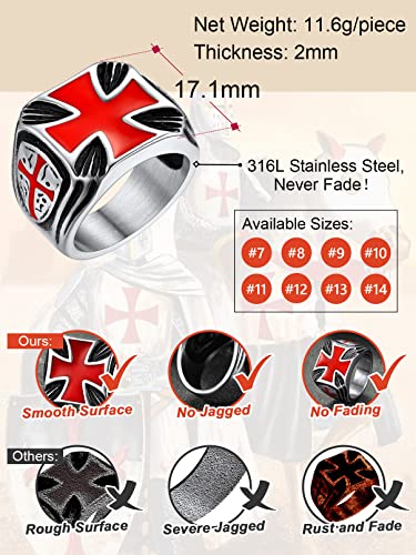 FaithHeart Mens Stainless Steel Crusader Jerusalem Cross Ring with 18K Gold Plated Two Tone Ring Size 7,8,9,10,11,12 - color: 07. Shield Cross-Silver(Custom)