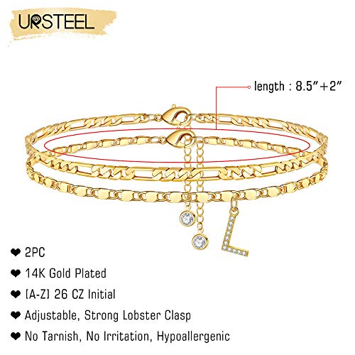 Ursteel Ankle Bracelets for Women, 14K-Gold-Plated Dainty Layered Chain CZ Initial Anklets Set Summer Jewelry Gifts for Women - style: L-Gold-Plated