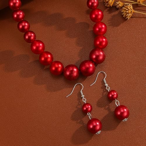 xuzhiyuan Fashion Classic Faux Pearl Red Carnelian Jewelry Set Necklace Earrings for Women - color: Red