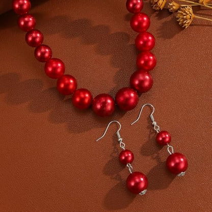 xuzhiyuan Fashion Classic Faux Pearl Red Carnelian Jewelry Set Necklace Earrings for Women - color: Red