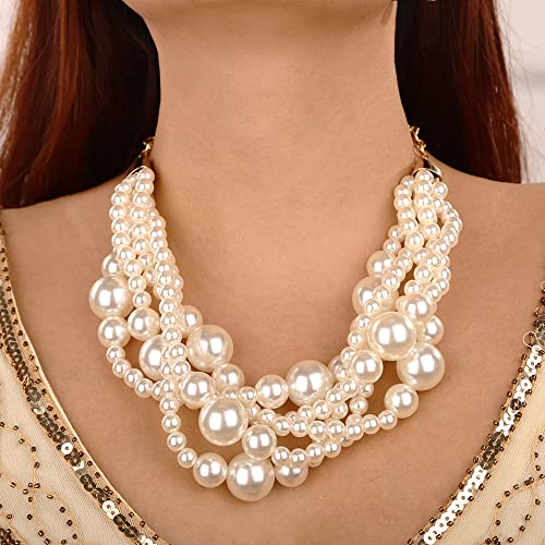 Wiwpar 2PCS Large Chunky Statement Faux Pearl Bib Choker Necklace and Earring Set for Party Wedding Ladies - color: white