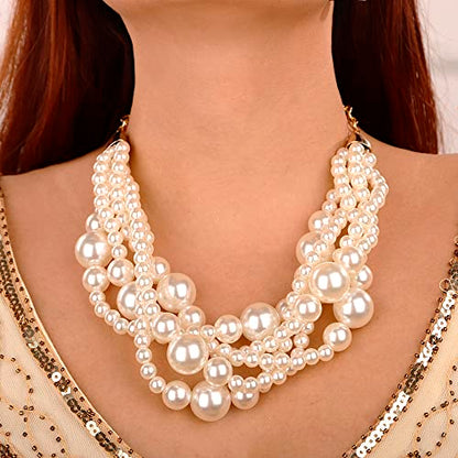 Wiwpar 2PCS Large Chunky Statement Faux Pearl Bib Choker Necklace and Earring Set for Party Wedding Ladies - color: white