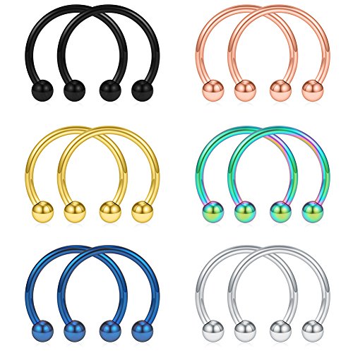 SCERRING 12PCS 10-14mm Stainless Steel Nose Horseshoe Hoop Rings Eyebrow Lip Ear Tragus Septum Piercing Hanger Retainer 16G 14G 12G - style: 16G - Inner Dia. 12mm