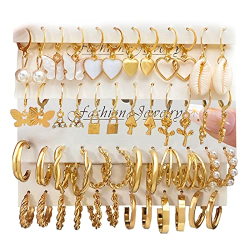 IFKM 24 Pairs Gold Hoop Earrings Set for Women Hypoallergenic Chunky Chain Twisted Open Hoops Dangle Earring Packs for Birthday Party Christmas Fashion Jewelry Gift - color: 24 Pairs Gold