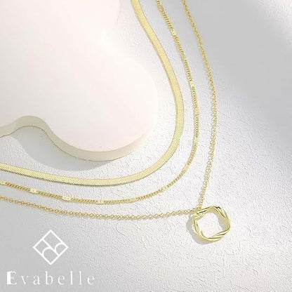 Evabelle Gold Layered Necklace for Women Trendy Jewelry 14K Real Gold Plated Chunky Chain Stackable Necklaces Dainty Choker Necklaces Rectangle Square Pendant - color: Gold Necklace 28
