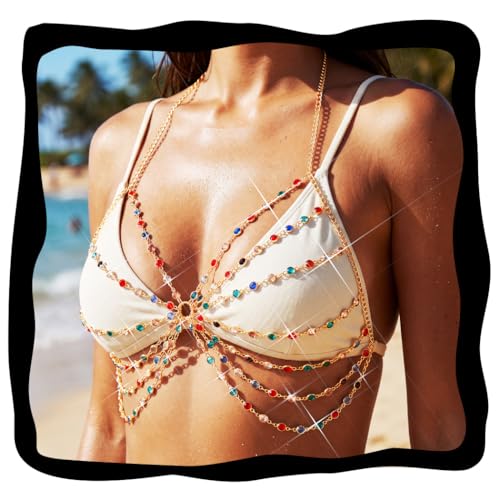BODIY Rhinestone Chest Body Chain Gold Layered Chest Chains Summer Beach Bikini Bra Chain Colorful Body jewelry for Women