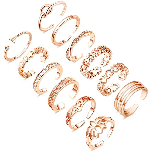Honsny 12PCS Gold/Silver Toe Rings for Women Adjustable Non Tarnish Ring | Stackable Rings for Women, Toe Ring Set, Open Band, Flower Cubic Zirconia Rings, Beach Summer Foot Jewelry, 14K Gold Plated - color: Rose Gold