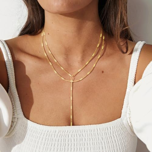 Fullpop Dainty Gold Necklaces for Women, 18k Gold Layered Lariat Necklace for Women Long Gold Choker Necklaces for Women Statement Diamond Heart Pendant Necklace Body Chain Jewelry for Women - style: Kind-Three