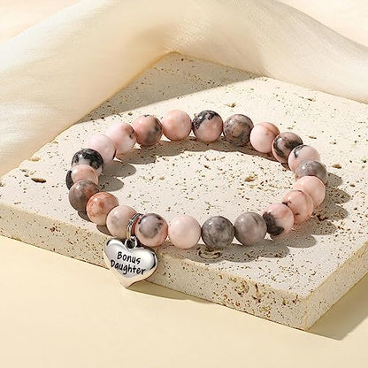 MIXJOY Inspirational Gifts for Women, Heart Charm Pink Elastic Beads Bracelet, Positive Affirmations Get Well Soon Gifts - style: bonus daughter give you life pink