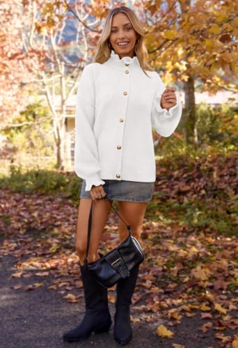 MEROKEETY Women's Fall Trendy Chunky Knit Cardigan Casual Ruffle Sweaters | Button Down, Long Sleeve, Cute Ruffle Collar, Mock Neck, Fashion Cozy Knit Sweater, Dressy Casual Winter Outerwear Clothes - color: White, size: Medium