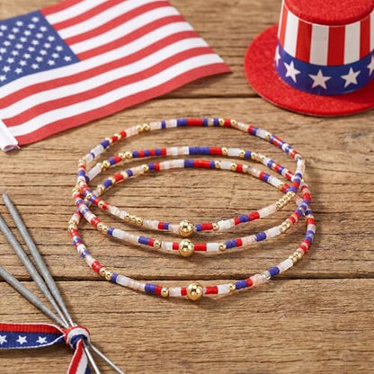 Colorful Gold Beaded Bracelets for Women Boho Tiny Gold Plated Ball Stretch Stackable Small Seed Beads Bracelet Stack Trendy Jewelry Set Dainty Vacation Friendship Christmas Gifts for Women - color: Red Blue
