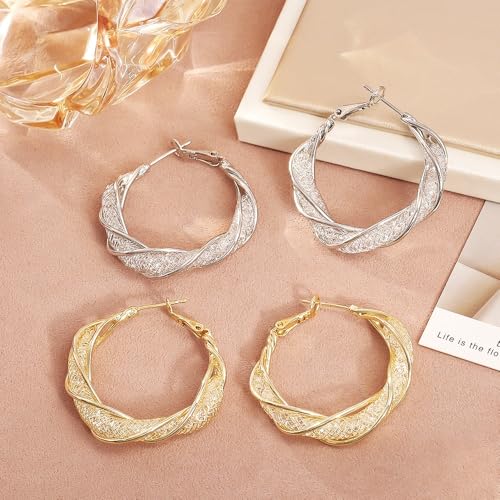 Luxury 14K Gold Plated Brass Hoop Earrings for Women, 3D Metal Mesh with Sparkling Diamonds, Lightweight Twisted Circle Design (33mm), Stylish Daily Jewelry