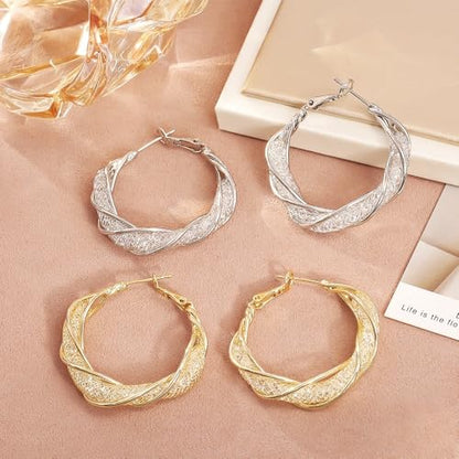 Luxury 14K Gold Plated Brass Hoop Earrings for Women, 3D Metal Mesh with Sparkling Diamonds, Lightweight Twisted Circle Design (33mm), Stylish Daily Jewelry