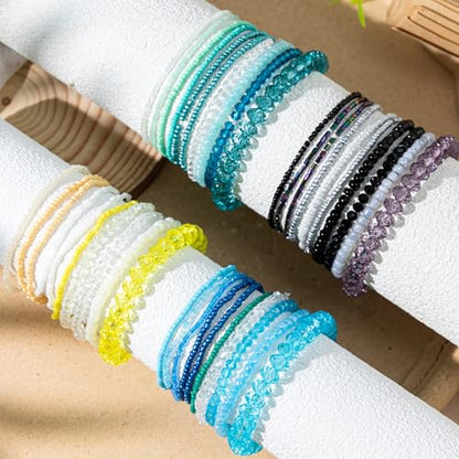 Bohemian Colorful Crystal Glass Beads Seed Beaded Bracelet Handmade Adjustable Stackable Elastic Strand Bangle for Women Summer Beach Hawaii Boho Wristbands Jewelry - color: blue1