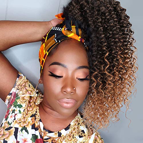 Vigorous Ponytail Extension 14Inch Drawstring Ponytail for Black Women Short Fluffy Afro Kinky Curly Pony Tails Hair Extensions (1B/30#) - color: Mix Brown(1B/30#)