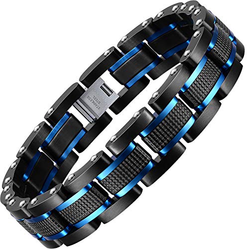 Holizaly Men's Stainless Steel Two Tone Square Link Bracelet, Black and Blue Ion Plated Black - color: Black