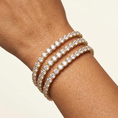 925 Sterling Silver Bracelets for Women Stack, Trendy Tennis Bangle Cuff Jewelry Set 14K Gold Plated, Adjustable Bracelet Set for Wrist Essentials, Women Fashion Watch Band Acecessories - style: Bracelet_3pcs(Gold Tennis Set 4mm)