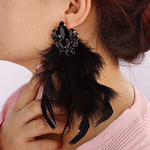 Denifery Long Feather Earrings Bohemian Earrings Multicolor Tassel Handmade Feather Earrings Dangling Earrings for Women (Black) - color: Black