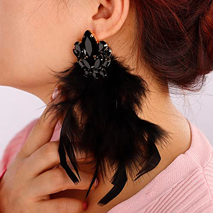 Denifery Long Feather Earrings Bohemian Earrings Multicolor Tassel Handmade Feather Earrings Dangling Earrings for Women (Black) - color: Black
