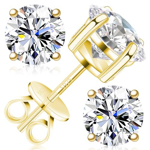 Moissanite Earrings for Men Women, 0.2ct-3.0ct Men 925 Sterling Silver Earrings, Round Cut Diamond Stud Earrings for Women - color: 14K Gold, size: 3.0 Carat-(1.5ct*2)-7.5mm