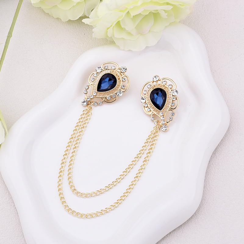 Teardrop Rhinestone Brooch Mens Lapel Pins for Shirt Collar Hanging Chain Brooch Suit Pin Crystal Rhinestone Lapel Pins for Men - color: Blue