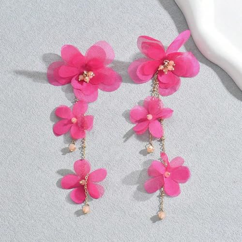 Flower Earrings for Women Long Fabric Flower Tassel Earrings Bohemian Handmade Floral Statement Earring Wedding Prom Jewelry Gifts - color: A2：hot pink