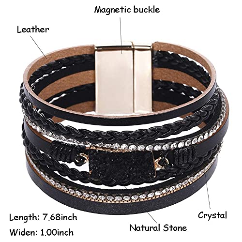 Vercret Leather Wrap Bracelet for Women, Multi-Layer Cuff Bangle | Boho Stacked Bracelets with Safe Clasp Western Bangle Jewelry Gift for Lady and Mom Sister Friend - style: Druzy Black