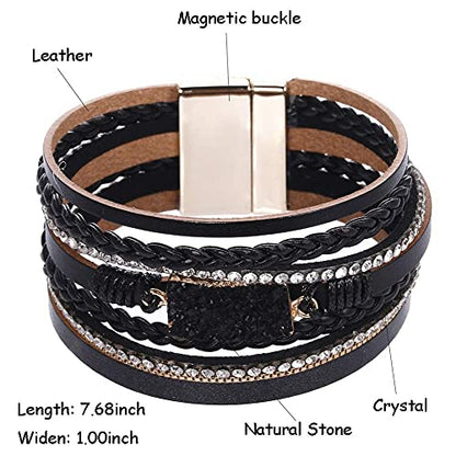 Vercret Leather Wrap Bracelet for Women, Multi-Layer Cuff Bangle | Boho Stacked Bracelets with Safe Clasp Western Bangle Jewelry Gift for Lady and Mom Sister Friend - style: Druzy Black