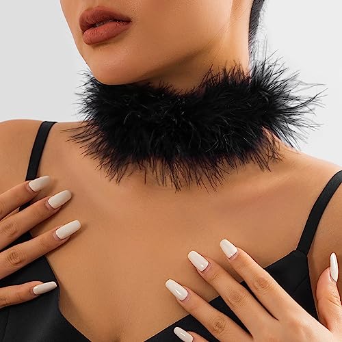 Winter Feather Choker Necklace Ribbon Fluffy Collar Necklace for Women Animal Villus Short Necklace Velvet Choker Party Birthday Costume Accessories Jewelry Gift - color: black