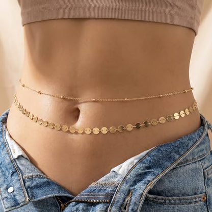 Waist Beads For Women Gold Waist Chain Body Chain Jewelry | 2 Layer Copper Belly Chain Jewelry 27.5" + 9.8" Adjustable Belt for Festival Beach Summer for Women
