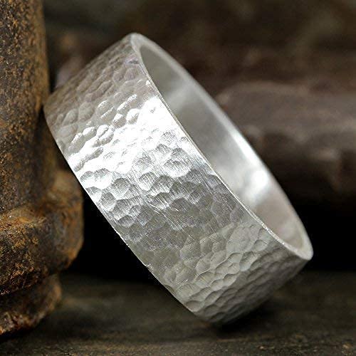 925 Sterling Silver Wedding Ring Hammered Flat Pipe Cut Textured Thick & Durable Handmade Unisex Mens & Women Rustic Engagement Promise Band - US Size 4-13 - Custom Engraving - color: 01 - 8mm Silver