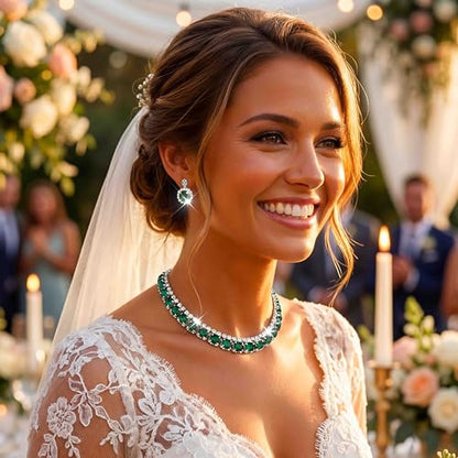 CLOACE Rhinestone Bridal Wedding Jewelry Set Sparkly Chocker Necklaces Earrings Prom Jewelry Accessories for Women - color: Green