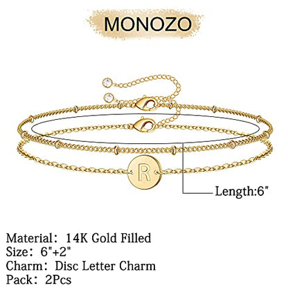 Gold Initial Bracelets for Women Girls Jewelry Gifts - Dainty 14K Gold Plated Layered Beaded Letter Bracelet 26 Alphabet Disc Monogram Initial Bracelets Birthday Gifts for Women Girls Teens - style: R