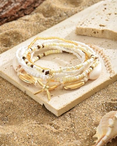 Shell Bracelets for Women Layered Seashell Starfish Bracelets Stackable Stretch Boho Beaded Bracelet Summer Beach Surfer Bracelet Seaside Beach Dress Outfits Accessories - color: A2:shell bracelets