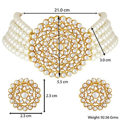 Aheli Pearl Diamond Choker Necklace & Round Earrings Gift for Women Indian Traditional Bollywood Fashion Bharatanatyam jewellery set - color: White 2