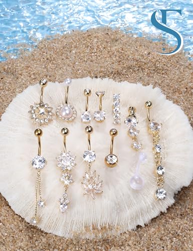 FIBO STEEL 14G Belly Button Rings Dangle 316L Stainless Steel Belly Rings for Women Navel Piercing Jewelry 12 Pcs - color: 14K Gold Plated