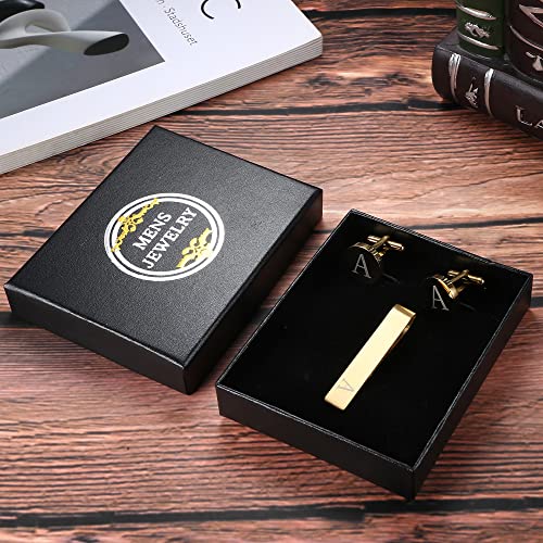 LOYALLOOK Black Initial Cufflinks and Tie Clip Set for Men Personalized Copper Cuff links and Tie Bar Letter Alphabet A-Z Gift for Father Husband Valentine Gifts for Men - color: A
