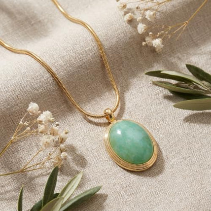 Sonateomber Gold Stone Pendant Necklace for Women, Chunky Statement Dainty Heart Oval Natural Gemstone Dangle Necklaces Wedding Prom Accessories Fashion Jewelry Gift - color: Mint Green