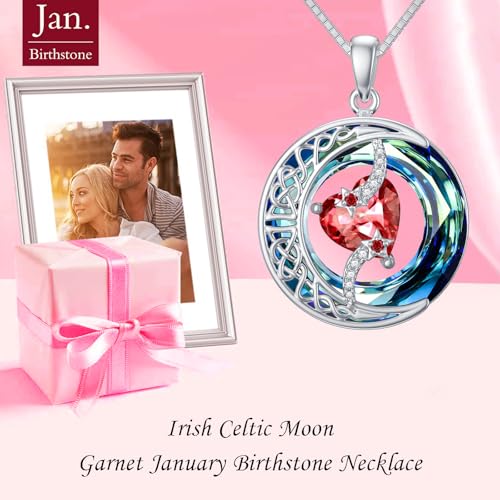 TOUPOP Birthstone Necklace Women Sterling Silver Moon Star Birthday Jewelry | Celtic Moon Pendant with Blue Crystal Anniversary Christmas Jewelry Gifts for Wife Mom Her - color: A-01-Garnet