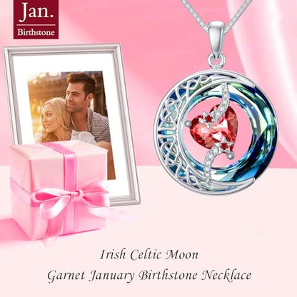 TOUPOP Birthstone Necklace Women Sterling Silver Moon Star Birthday Jewelry | Celtic Moon Pendant with Blue Crystal Anniversary Christmas Jewelry Gifts for Wife Mom Her - color: A-01-Garnet