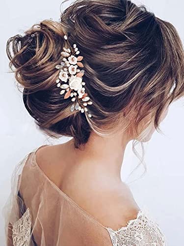 GORAIS Flower Wedding Hair Vine Pearl Bridal Hair Pieces Crystal Hair Accessories for Bride and Women - color: c-rose gold
