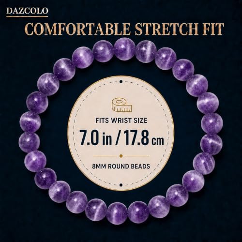 8mm Natural Crystal Stretch Bracelet | Handmade Round Stone Bead Bracelet, Runs Large, Meditation Yoga Gift for Women & Men - color: Dog Teeth Amethyst