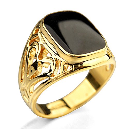 Star Jewelry Signet Pinky Ring with Black Square Enamel 18K Gold Plated for Men and Women Size 6-14