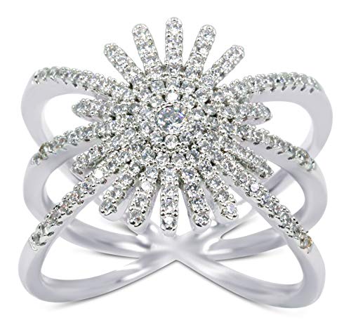 Savlano 18K White Gold Plated Cubic Zirconia Starburst Ring for Women