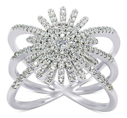 Savlano 18K White Gold Plated Cubic Zirconia Starburst Ring for Women